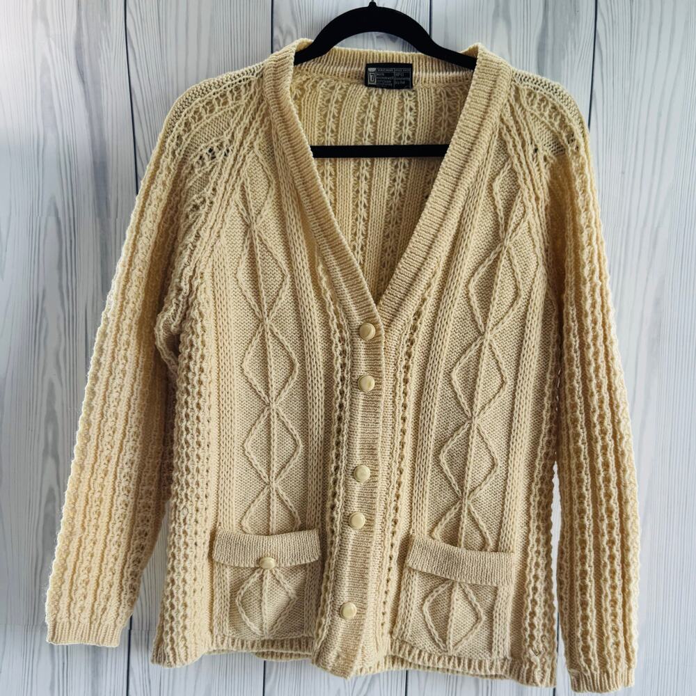 Vintage Gaeltarra Cardigan Size 40 Wool Handloomed Aran Cable Knit Ireland FLAW